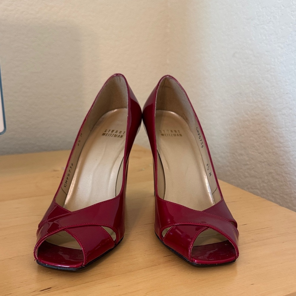Stuart Weitzman Red Patent Peep-Toe Heels